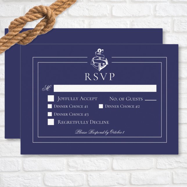 Bröllop-middagen för marinblå marinankfartyg OSA kort (Navy Blue Nautical Anchor Wedding Response Card with Dinner Options)