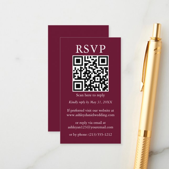 Bröllop minimalistisk enkel QR OSA Burgundy Tilläggskort (Fram/Back In Situ)