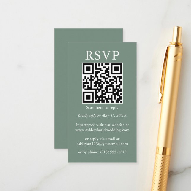 Bröllop minimalistisk enkel QR OSA Sage Grönt Tilläggskort (Fram/Back In Situ)