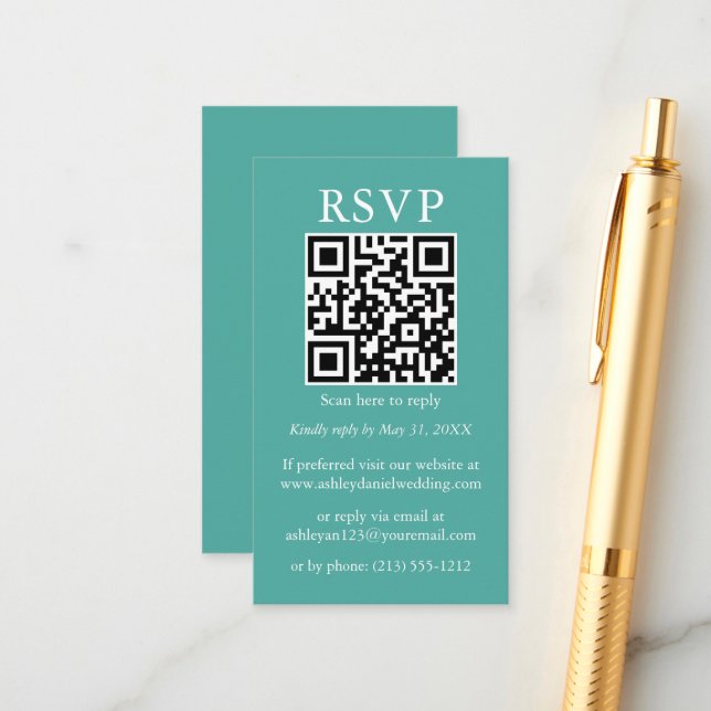 Bröllop Minimalistisk Enkel QR RSVP Teal Tilläggskort (Fram/Back In Situ)