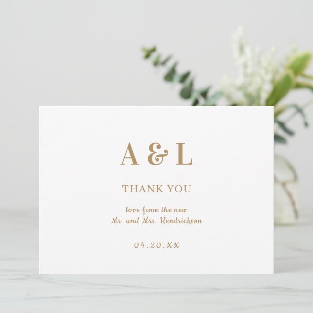 Bröllop minimalistisk Monogram White Guld Tack Kort (Stående Fram)
