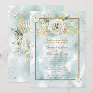 Bröllop Mint Teal Guld marmor Ros Blommig Inbjudningar