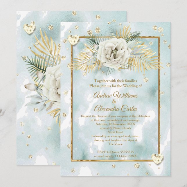Bröllop Mint Teal Guld marmor Ros Blommig Inbjudningar (Fram/baksida)