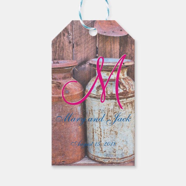 Bröllop Mjölk Cans Metall Rustic Antique Monogram Presentetikett (Framsidan)