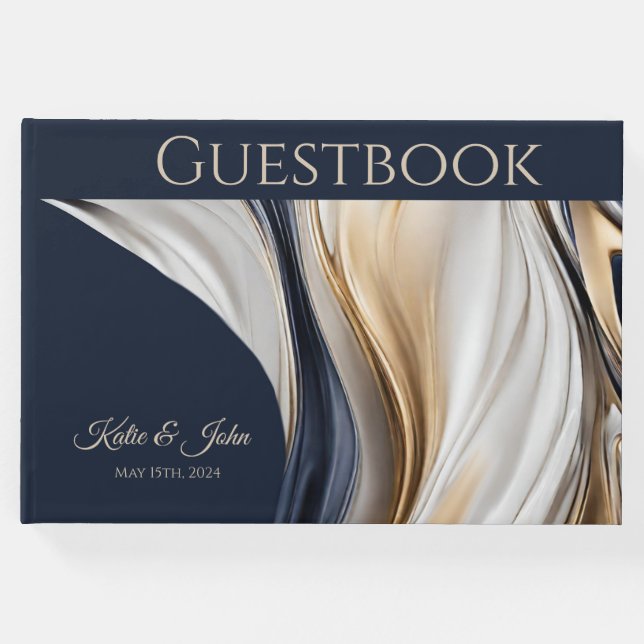 Bröllop Modern Abstrakt-Blue White och Guld- Gästböcker (Framsida)