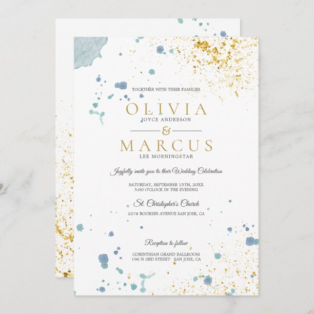 Bröllop Modern Blue- och Guld Watercolor Splatters Inbjudningar (Fram/baksida)