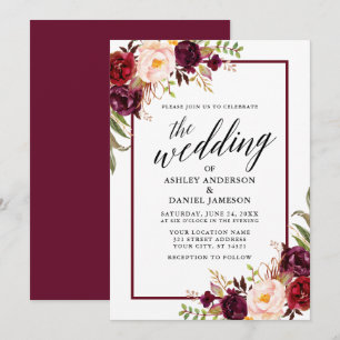 Bröllop Modern Calligraphy Blommigt Burgundy Ram Inbjudningar