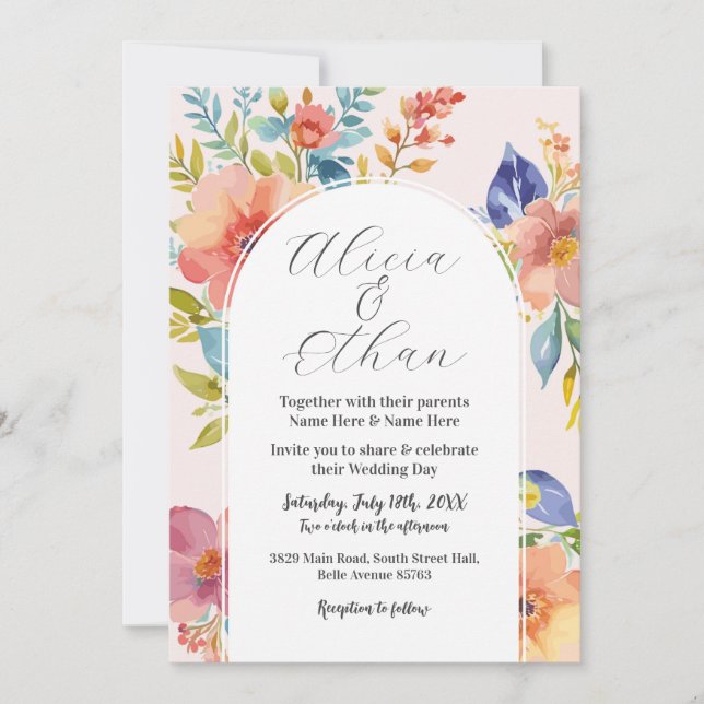 Bröllop Modern Flowers Snyggt Rosa Inbjudningar (Framsida)