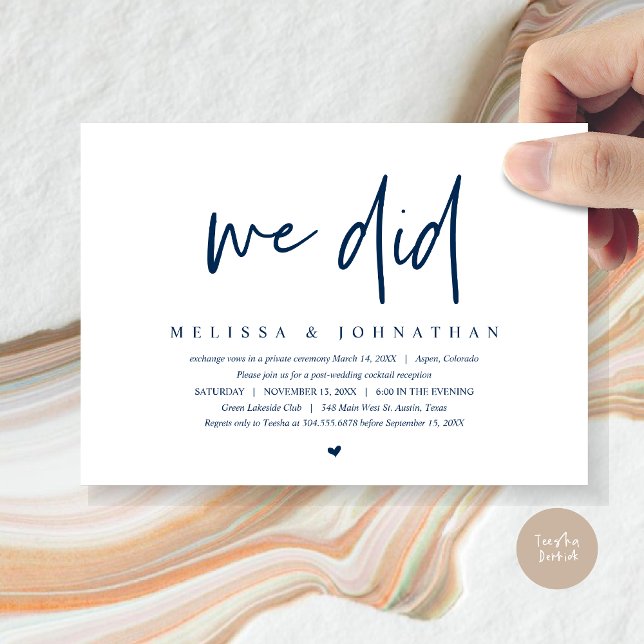 Bröllop, Modern Minimalist, vi festade Inbjudningar (We Did, Wedding Elopement Dinner Invitation Card, PDF, Modern Minimalist, in Navy Blue)
