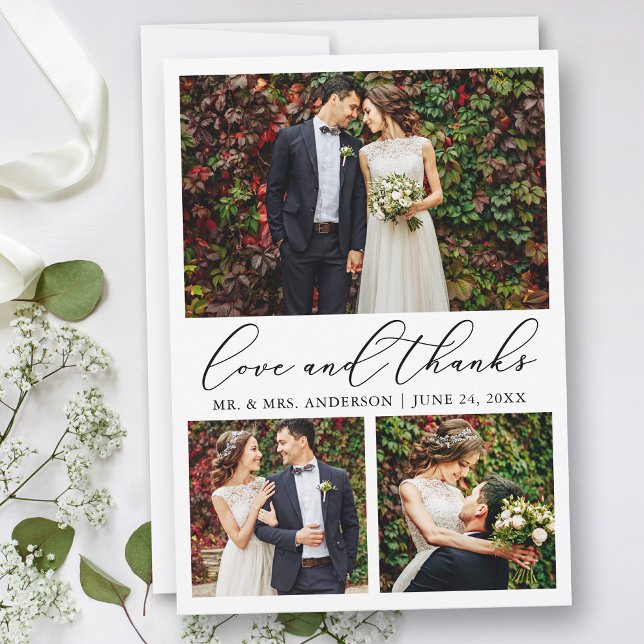 Bröllop Modern minimalistisk kalligrafi 3 foto Kär Tack Kort (Customize to add text or more photos to back of card.)