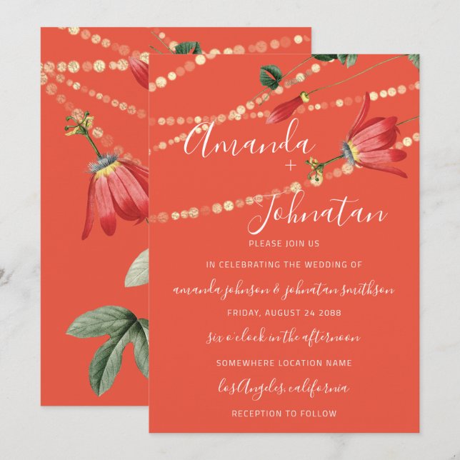 Bröllop Modern Monogram Vivid Coral Ljus Guld Inbjudningar (Fram/baksida)