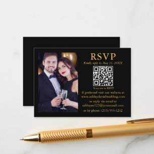 Bröllop Modern QR Photo Black Guld OSA Tilläggskort
