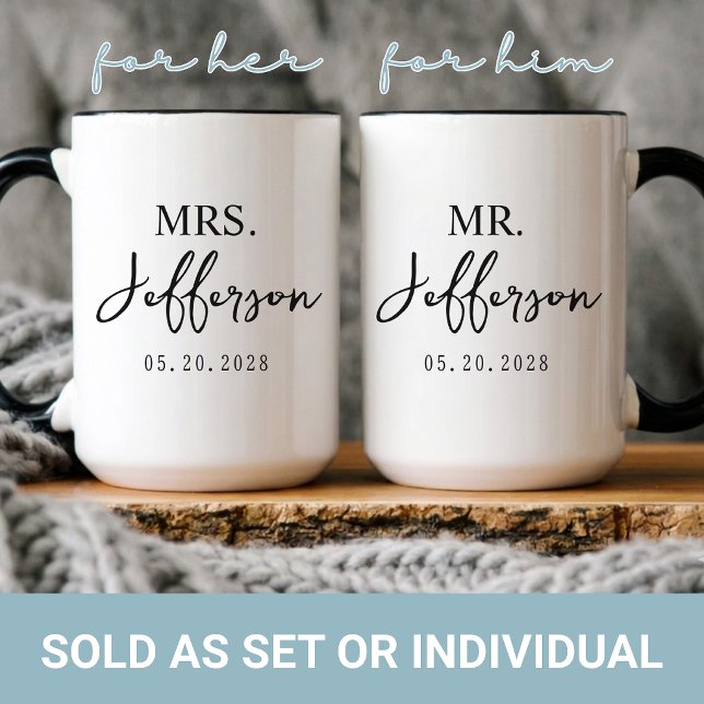 Bröllop | Moderna brudpar Mr & Mrs Beställningsvar Mugg (Custom Elegant Script Mr & Mrs | Wifey & Hubby | Bride & Groom | Newlyweds | Engagement Coffee Mug)
