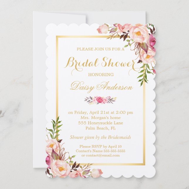 Bröllop Möhippa Chic Blommigt Golden Ram Inbjudningar (Framsida)