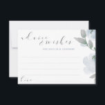 Bröllop Möhippa Dusty Blue Grått Watercolor Rådkort<br><div class="desc">Dusty Blue och Grått Watercolor Bouquet Möhippa eller Bröllop Advice Card: Den här designen har mjuk dammig blå/blå grått-blommor med avslappnad, studsande bokstäver. Baksidan har en andedräkt med parets initialer och bröllop datum. När dina gäster skrivor sina råd och önskemål ut för paret kan de vända kortet till behållan om...</div>