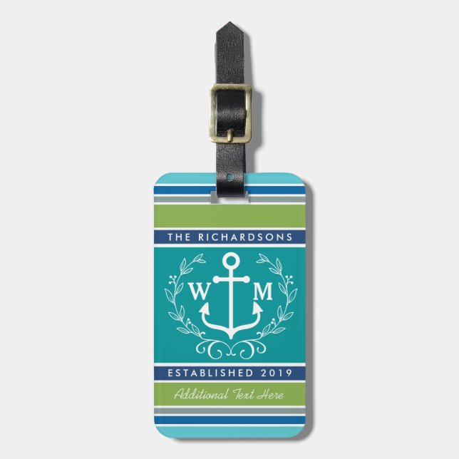 Bröllop Monogram Anchor Laurel Wand Aqua Rand Bagagebricka (Vertikal Framsida)
