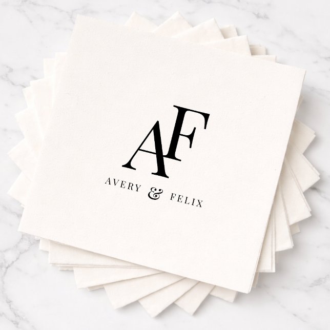 Bröllop Monogram Black and White-Elegant Enkel Pappersservett (Monogrammed wedding napkins with clean modern typography for a stylish celebration)