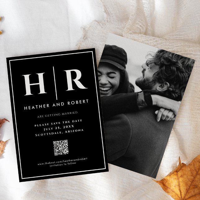 Bröllop Monogram Black Chic Enkel modern QR-kod Spara Datumet (Skapare uppladdad)