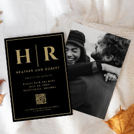Bröllop Monogram Black Guld Enkel modern QR-kod Spara Datumet