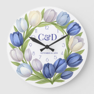 Bröllop Monogram Blue Tulip Watercolor Stor Klocka