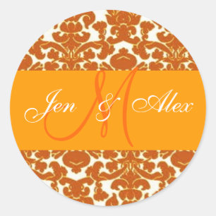 Bröllop Monogram Bride Groom Orange Damask Sticker Runt Klistermärke