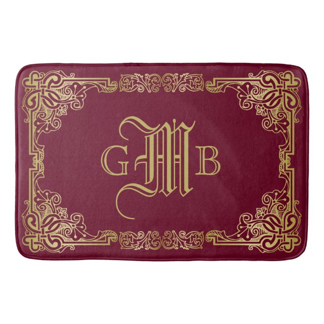 Bröllop Monogram Classic Guld Ram Burgundy Badrumsmatta (Framsidan)