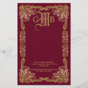 Bröllop Monogram Classic Guld Ram Burgundy Brevpapper