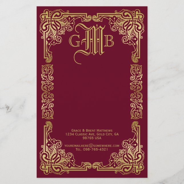 Bröllop Monogram Classic Guld Ram Burgundy Brevpapper (Framsida)