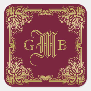 Bröllop Monogram Classic Guld Ram Burgundy Fyrkantigt Klistermärke