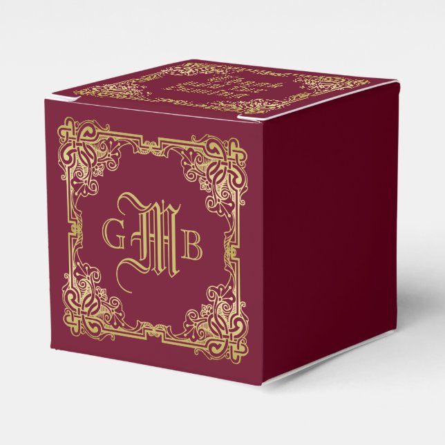 Bröllop Monogram Classic Guld Ram Burgundy Presentaskar (Framsidan Sidan)