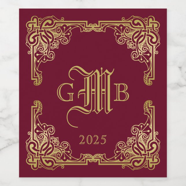 Bröllop Monogram Classic Guld Ram Burgundy Vinflaska Etikett (Singel etikett)