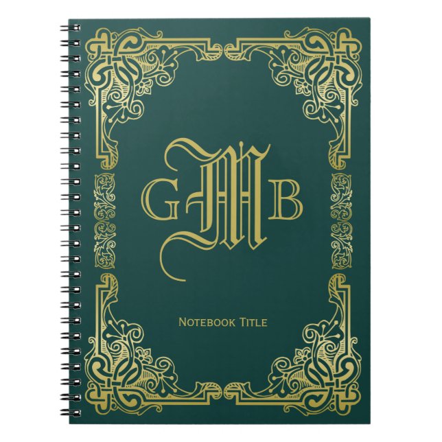 Bröllop Monogram Classic Guld Ram Mörk grönt Anteckningsbok (Framsidan)
