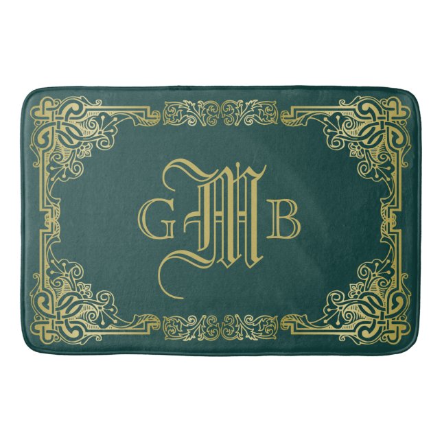 Bröllop Monogram Classic Guld Ram Mörk grönt Badrumsmatta (Framsidan)
