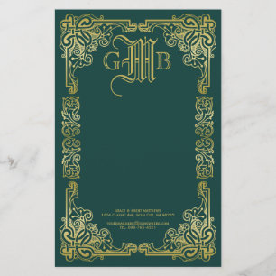 Bröllop Monogram Classic Guld Ram Mörk grönt Brevpapper