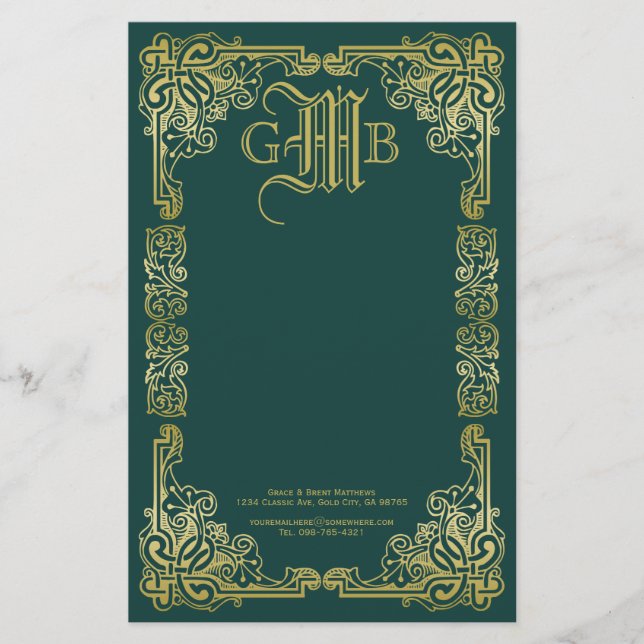 Bröllop Monogram Classic Guld Ram Mörk grönt Brevpapper (Framsida)