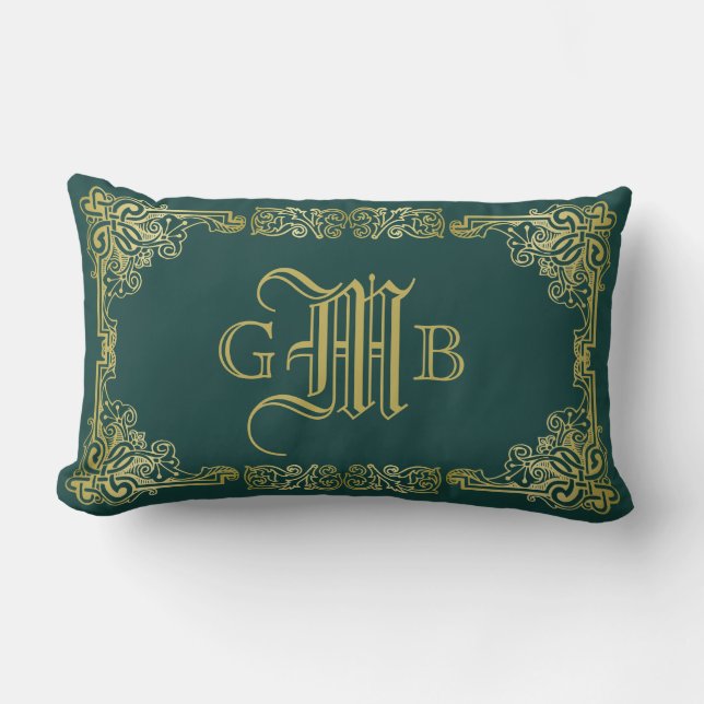 Bröllop Monogram Classic Guld Ram Mörk grönt Lumbarkudde (Framsida)