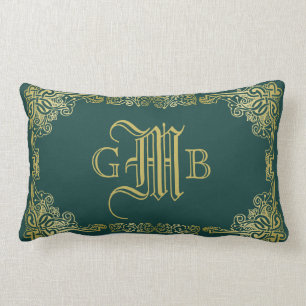 Bröllop Monogram Classic Guld Ram Mörk grönt Lumbarkudde