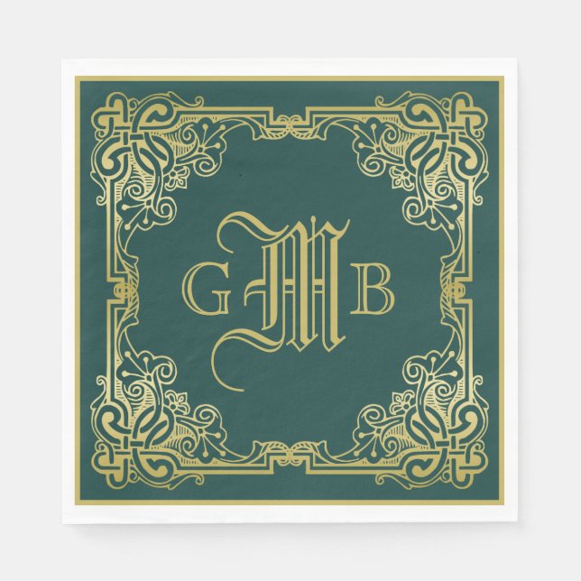 Bröllop Monogram Classic Guld Ram Mörk grönt Pappersservett (Framsidan)