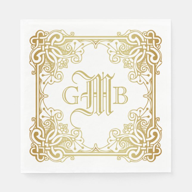 Bröllop Monogram Classic Guld Ram Traditional Pappersservett (Framsidan)