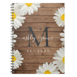 Bröllop Monogram Daisy Blommigt Rustic Wood Anteckningsbok
