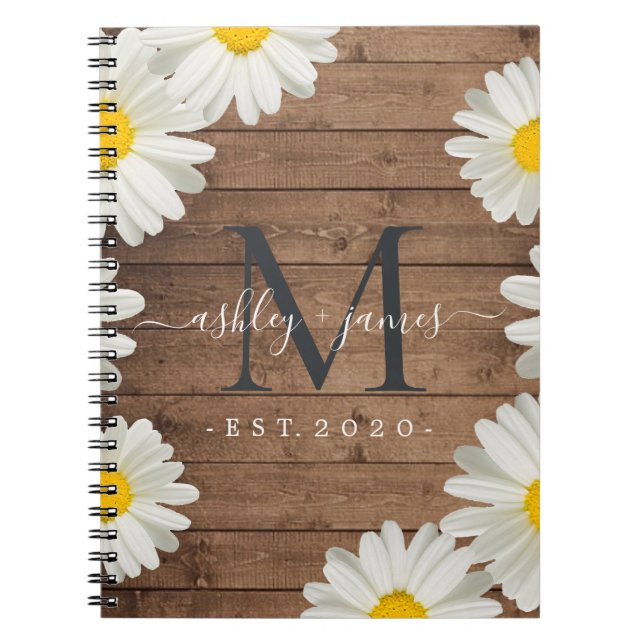 Bröllop Monogram Daisy Blommigt Rustic Wood Anteckningsbok (Framsidan)
