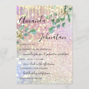 Bröllop Monogram Dricks Blommigtar Mint Glitter Ro Inbjudningar