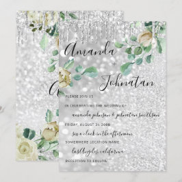 Bröllop Monogram Dricks Blommigtar Mint Glitter Si Inbjudningar