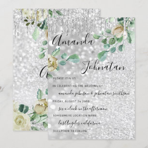 Bröllop Monogram Dricks Blommigtar Mint Glitter Si Inbjudningar