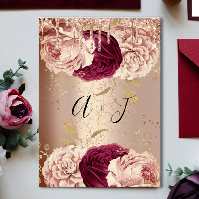 Bröllop Monogram Drives Blommigtar Marsala Ro Guld Inbjudningar (Wedding Monogram Drips Florals Marsala Rose Gold Invitation)