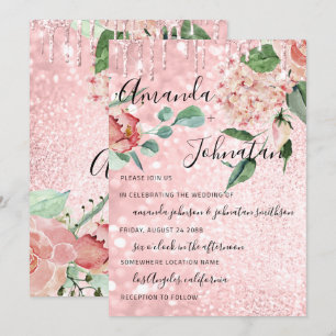 Bröllop Monogram Drives Blommigts Mint Glitter Ros Inbjudningar