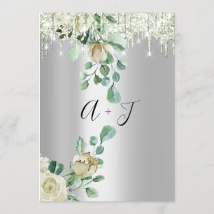 Bröllop Monogram Drives Blommigts Mint Grönt Silve Inbjudningar
