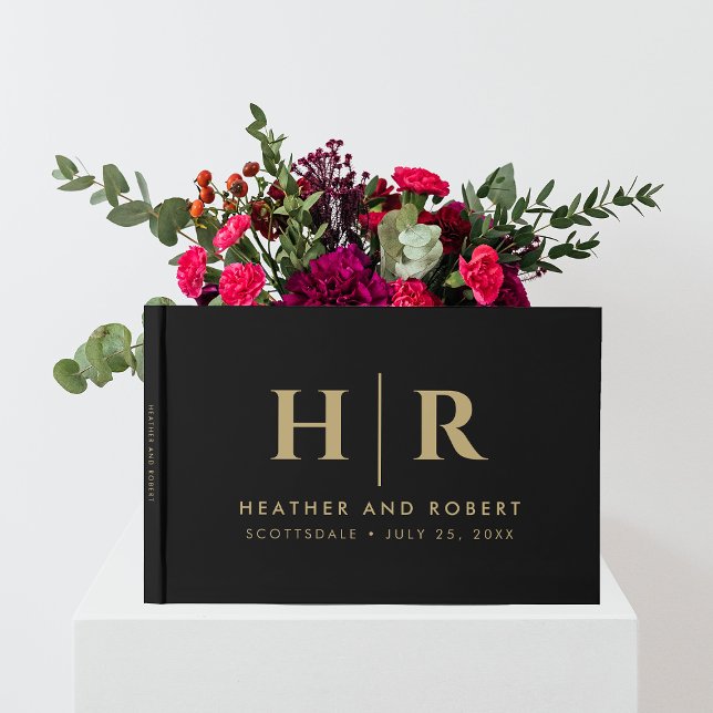 Bröllop Monogram enkelt klassiskt minimalt Guld-sv Gästböcker (Skapare uppladdad)