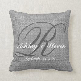 Bröllop Monogram Grått Rustic Linen-utseende Kudde