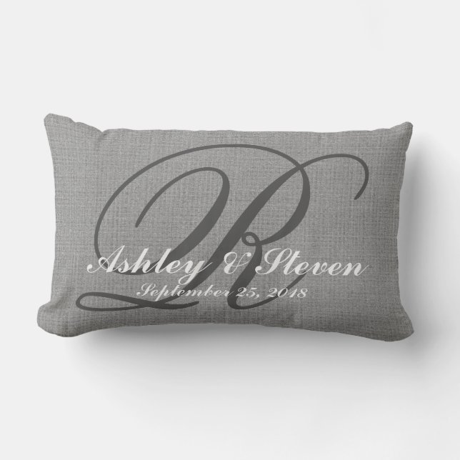 Bröllop Monogram Grått Rustic Linen-utseende Lumbarkudde (Framsida)